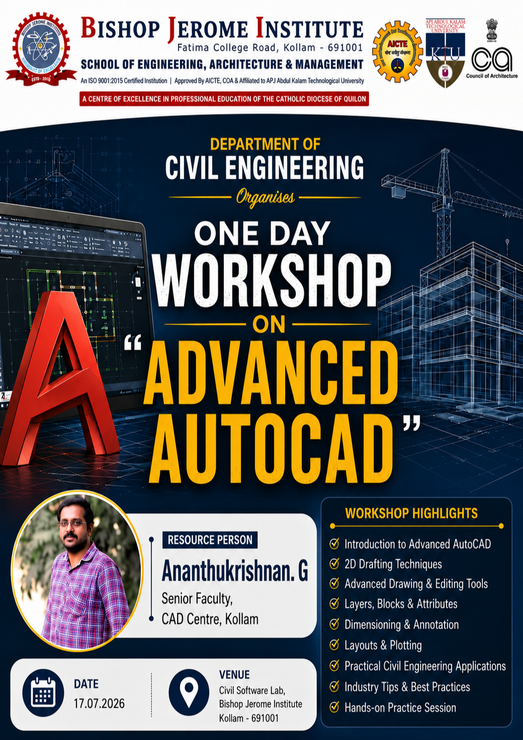 Elevate Your Engineering Skills: Bishop Jerome Institute Announces One-Day Workshop on Advanced AutoCAD